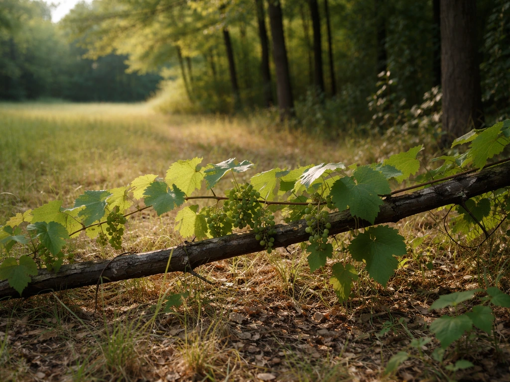 Wild grapevine growing along a sunny forest edge at the field transition.