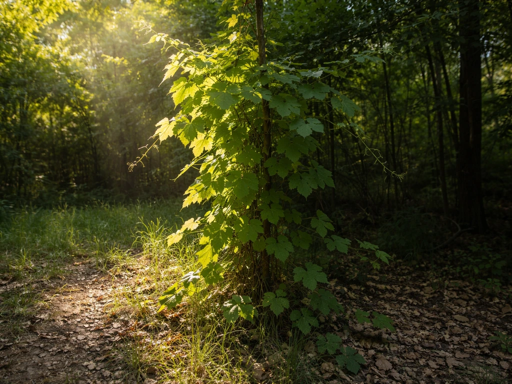 Wild grape vine leaves thriving in a sunlit patch while nearby plants remain in partial shade.