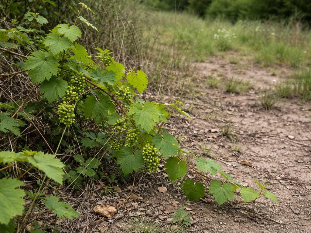 Wild grapes climbing along a disturbed roadside edge with early-succession plants and bare, uneven ground.
