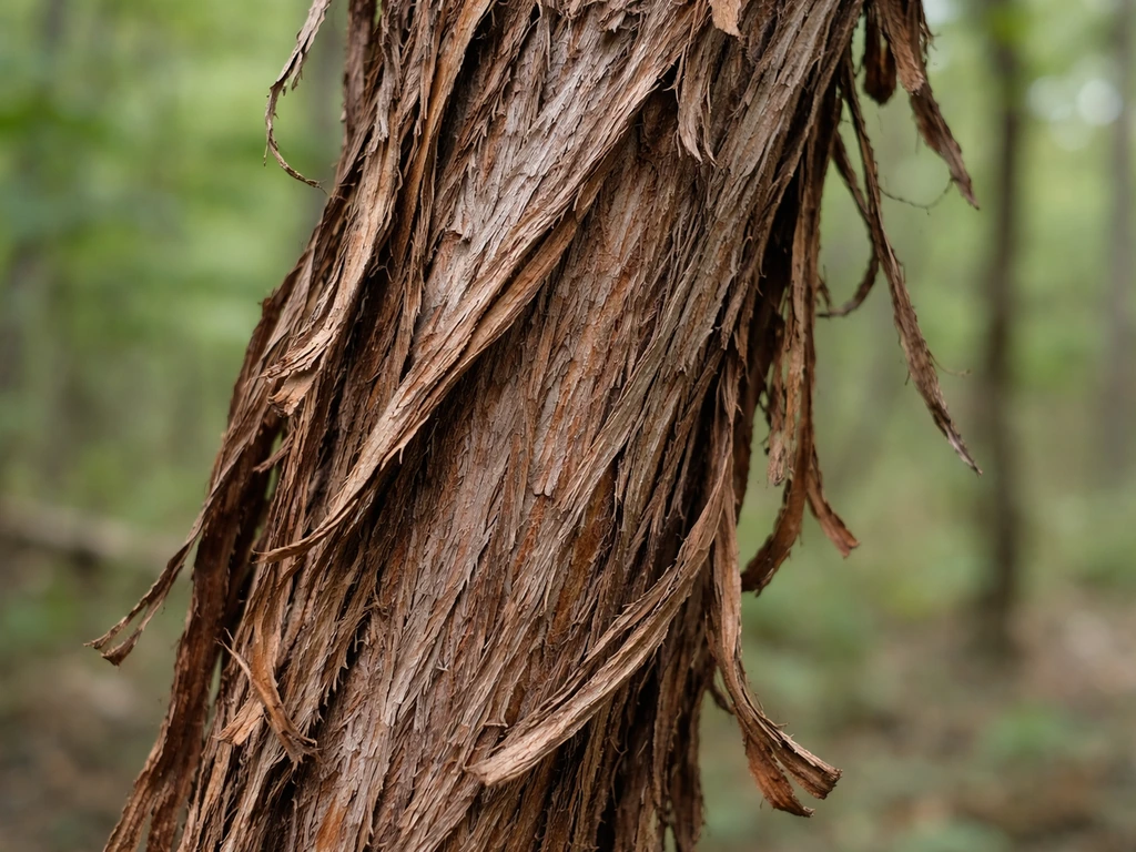 Close-up of older wild grape trunk showing shaggy reddish-brown fibrous bark peeling in strips.