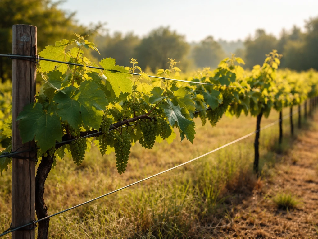 Grapevine on a trellis in morning light, showing long direct sunlight on leaves and vines.