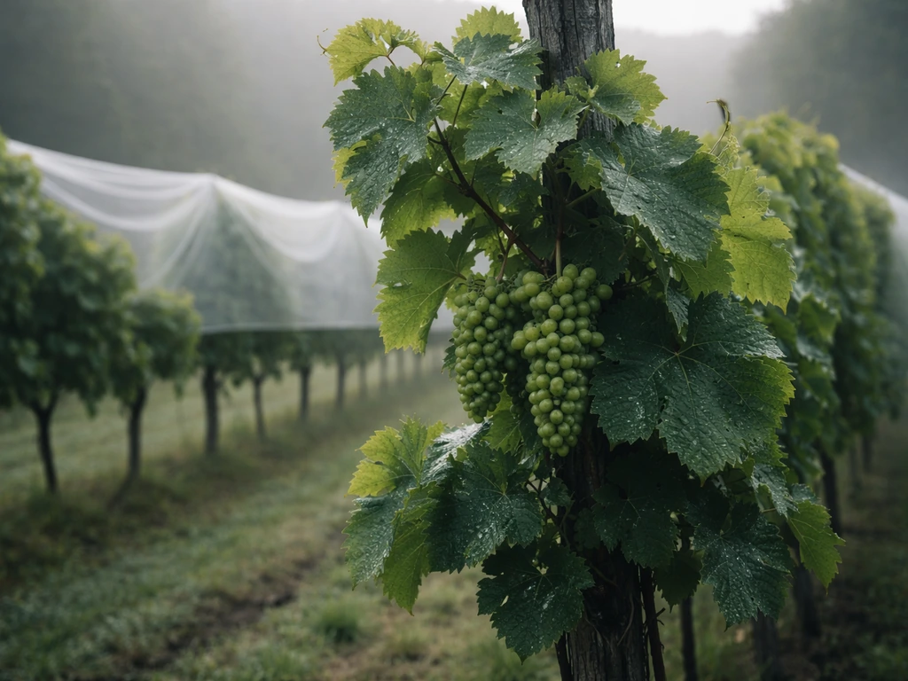 Grape vine with lush leaves and visible wind/frost netting under cool morning light