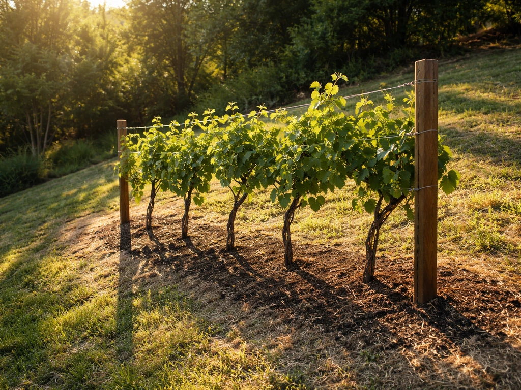 South-facing yard slope with clear sunlit trellis area and grapevine-like vines in minimal garden setting.