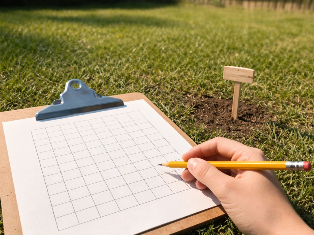 Hand holding a small marker over a printed sun-log sheet while marking a yard planting spot