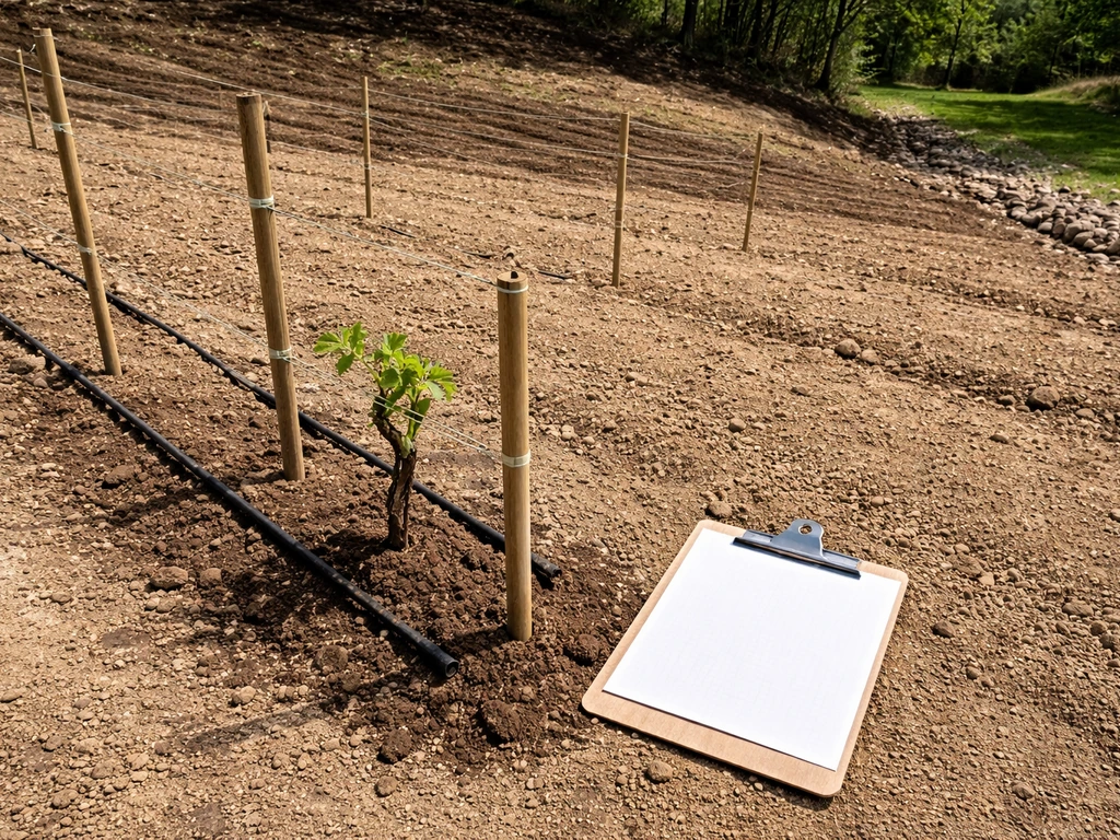 Grape trellis and prepared planting spot with a blank clipboard on the ground in strong sunlight.