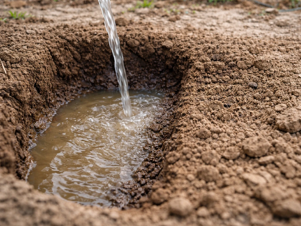 Close view of a small soil pit showing standing water on one side and dry, crumbly soil on the other.