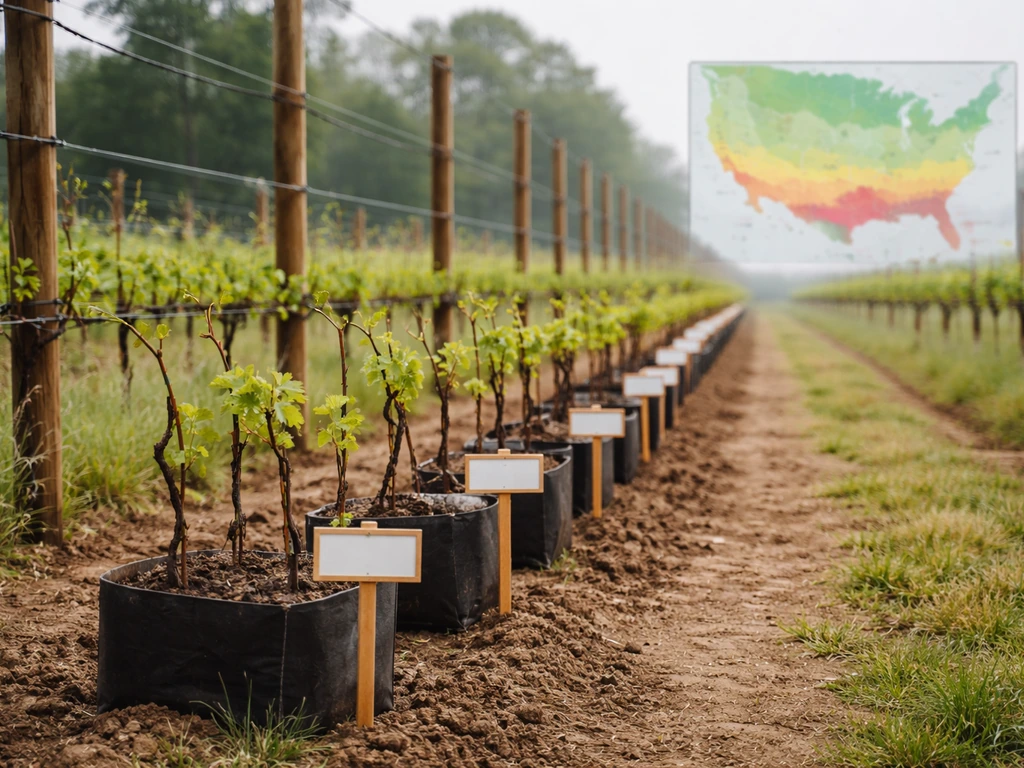 Grape vines in containers beside blank variety markers with a subtle climate-zone color overlay in the background