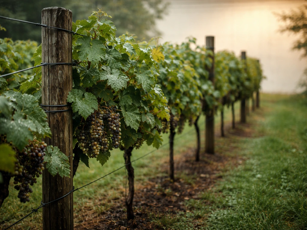 Western Washington vineyard rows with trellises, rain-slick leaves, and a sun-warmed wall reflecting light