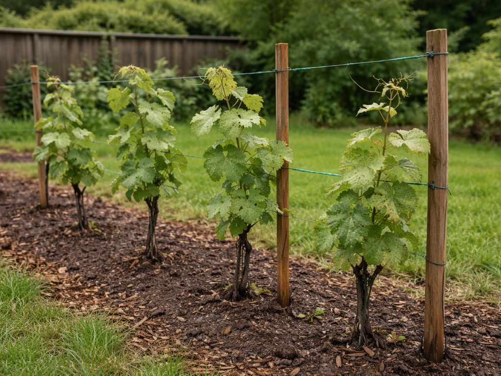 Small backyard vineyard with 3–5 grapevines on simple trellises, showing leaf spotting and spacing.