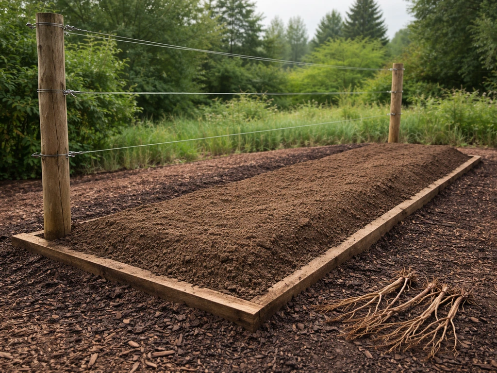 Garden grape planting bed with trellis posts, tension wires, and freshly loosened well-draining soil in raised row