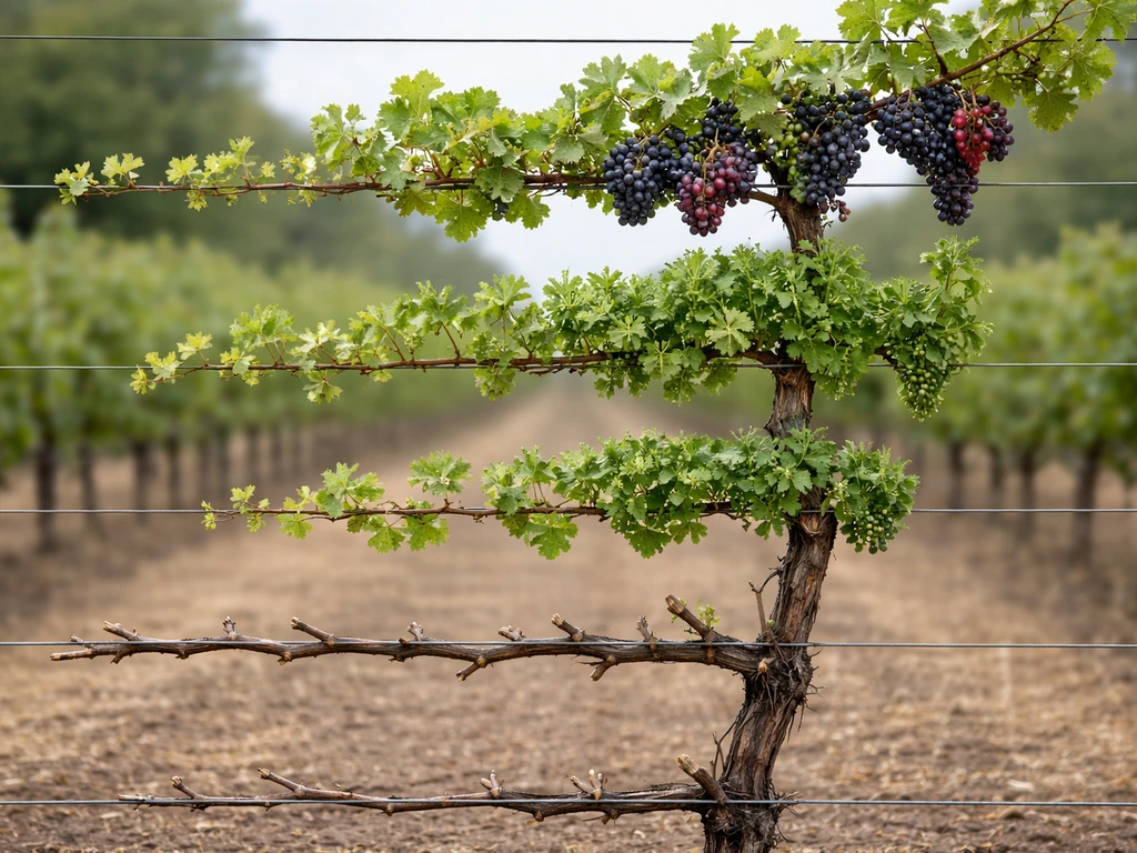 Single vineyard grapevine showing dormancy to harvest stages from bare buds to ripe clusters.