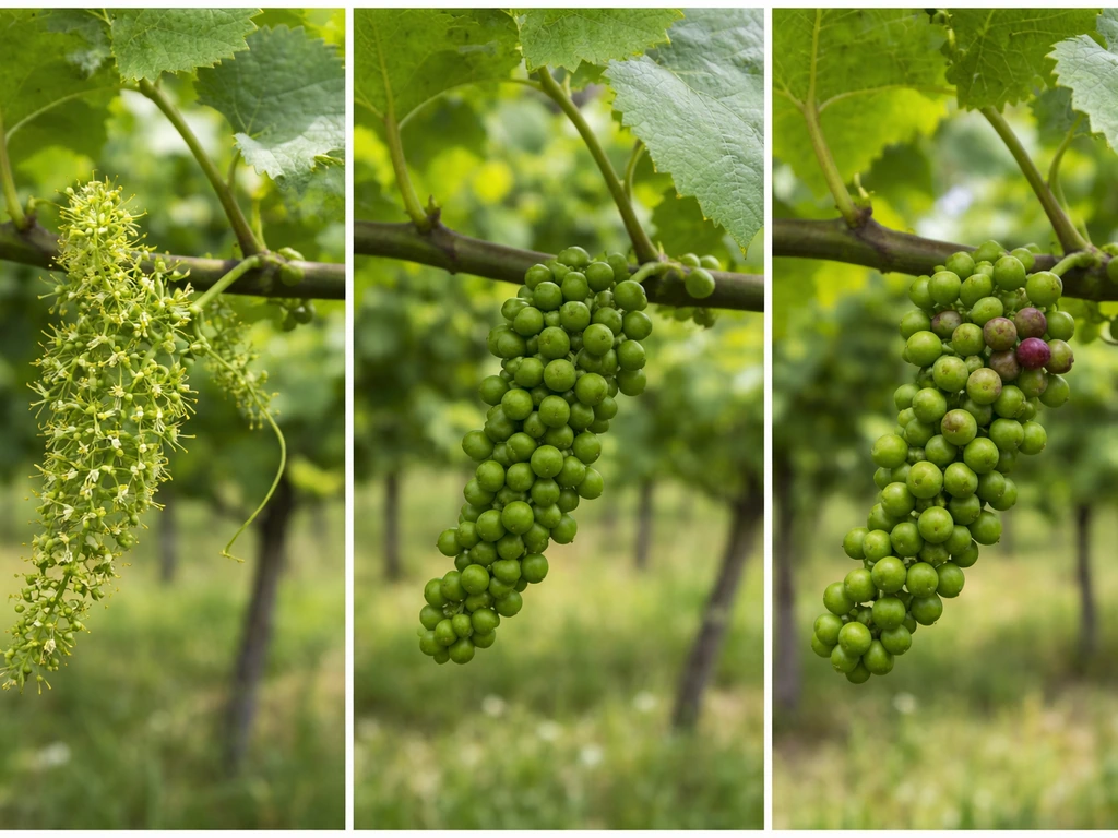 Three-stage grapevine progression: flowering, tiny berry set, then early veraison color change.