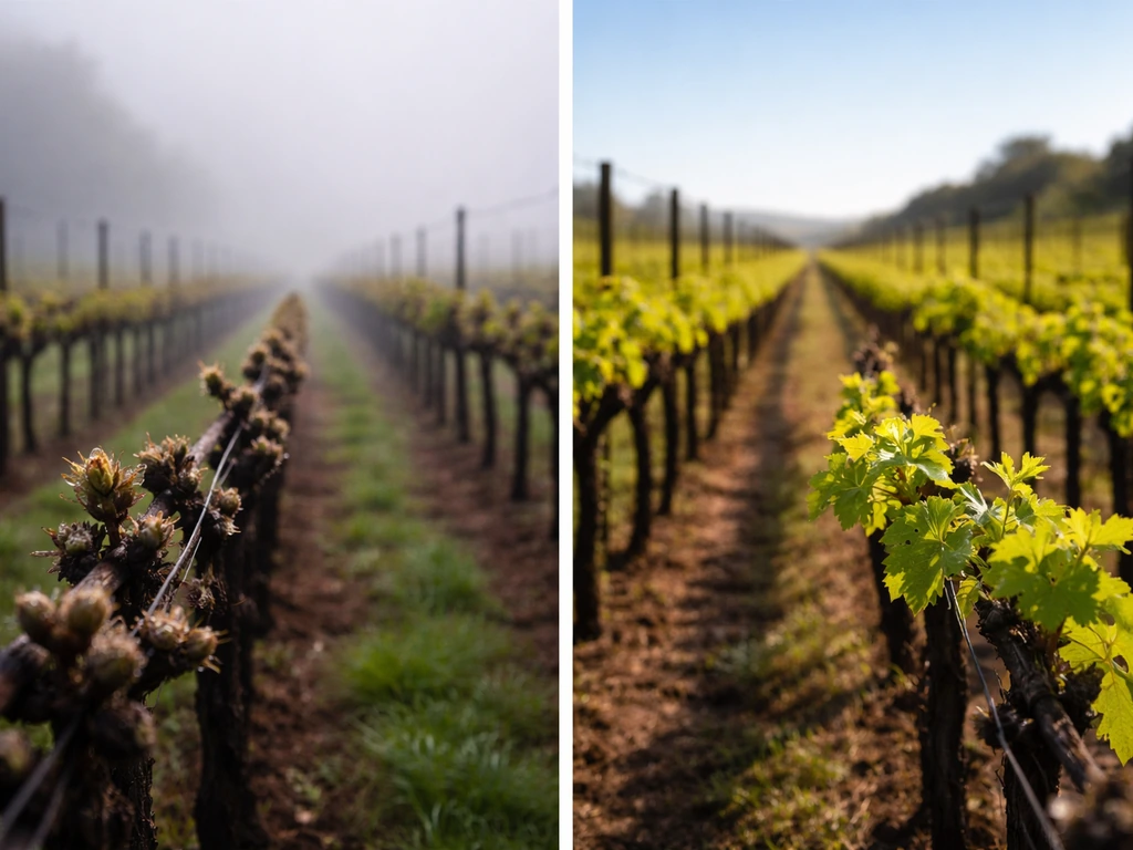 Two vineyard rows side-by-side: coastal vines with early buds and inland vines with fuller new growth.