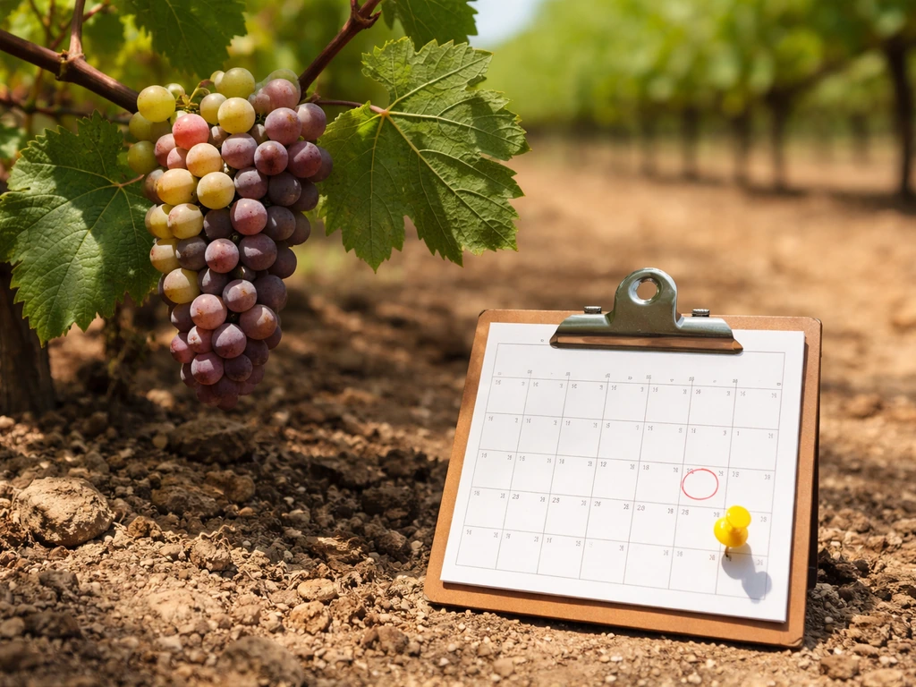 Grape cluster at veraison beside a simple calendar marker for a 40–50 day harvest countdown.