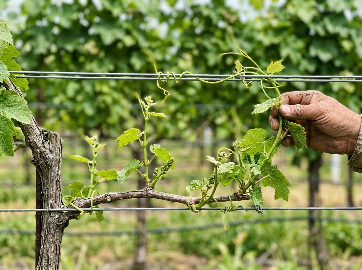 Grape vine shoots and tendrils growing along trellis wires
