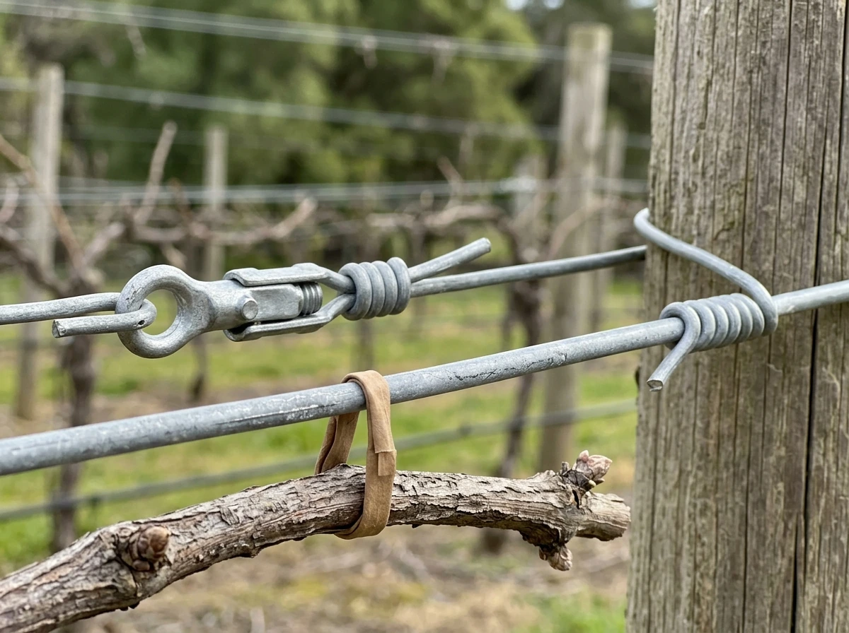 Close-up of galvanized trellis wire tensioned between posts