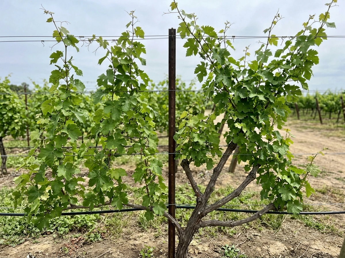 Side-by-side grape trellis systems showing different cane and canopy placement