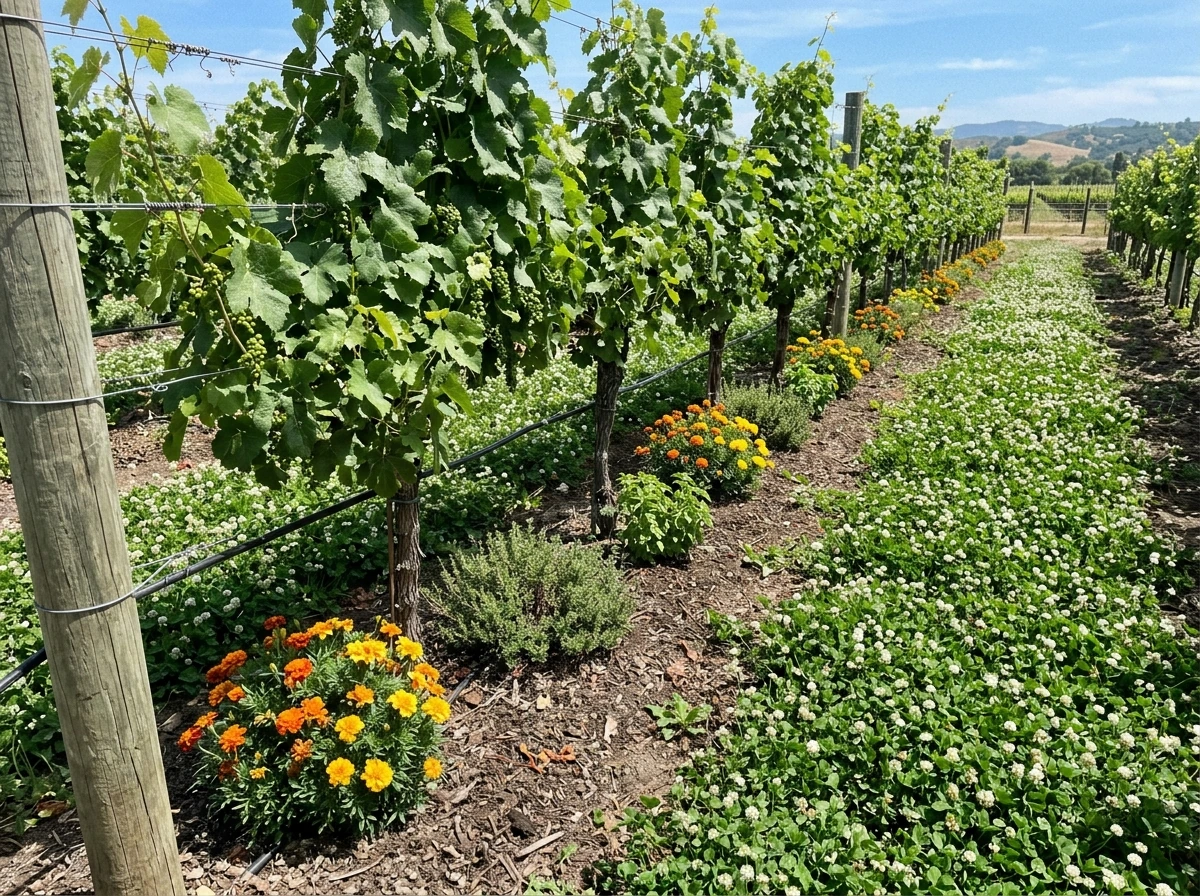 Clover and herbs planted alongside grapevines as companions