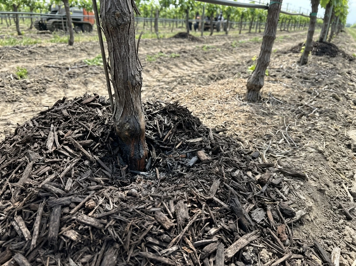Thick mulch piled at the base of a grapevine crown