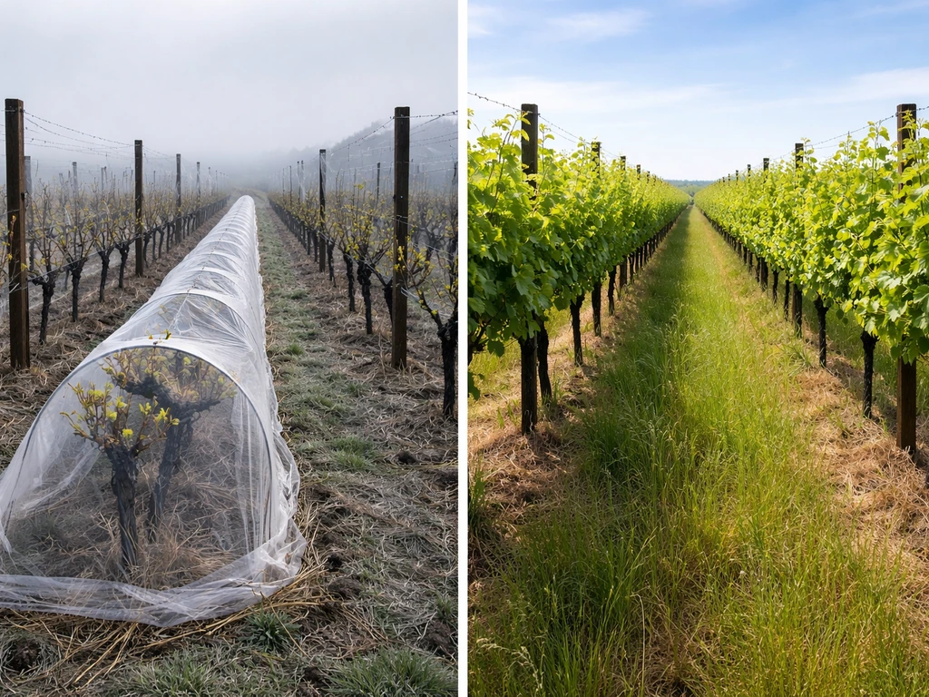 Side-by-side vineyards: Colorado vines with frost protection versus greener active vines in a milder climate.