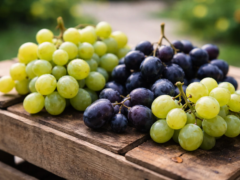 Close-up of mixed fresh grape clusters (green seedless and dark juice varieties) in a wooden crate.