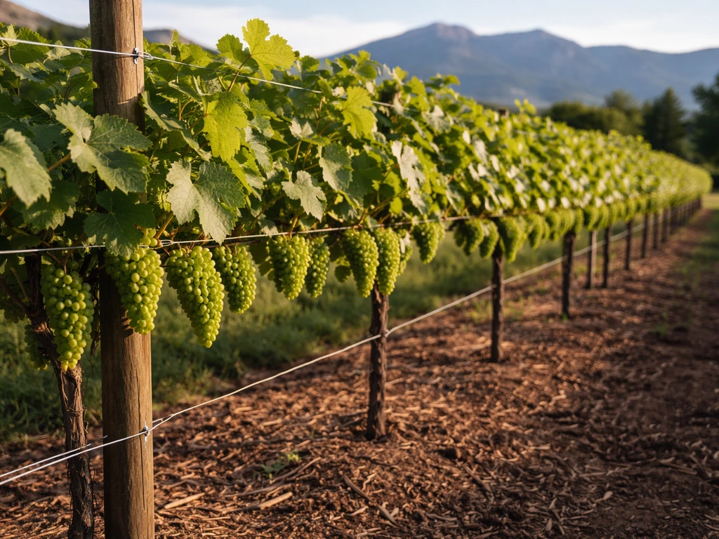 Sunlit trellised wine vines on a simple wire system with green grapes and distant Front Range hills.