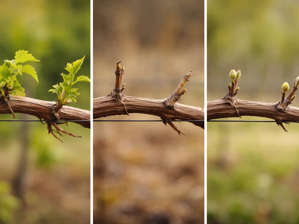 Split-season photo: green grapevine shoots turn into brown woody canes in fall, then buds appear in spring.