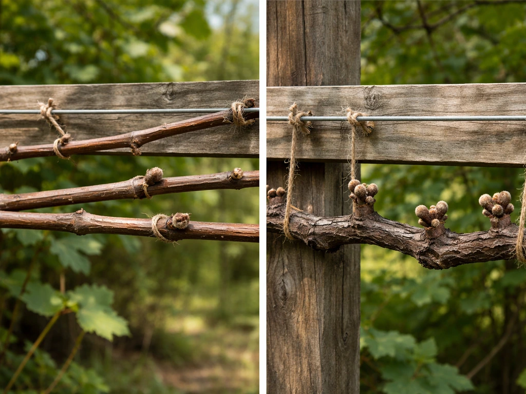 Close-up of a vine trellis showing long cane arms tied horizontally and short spur stubs side by side.