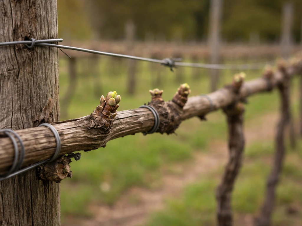 Close-up of trellis cordons with short 2–3 bud pruning spurs on last season’s growth.