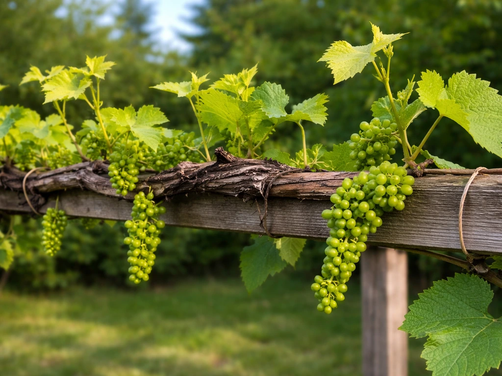 Close view of Concord grapevine on a trellis with fresh green shoots and developing grape clusters