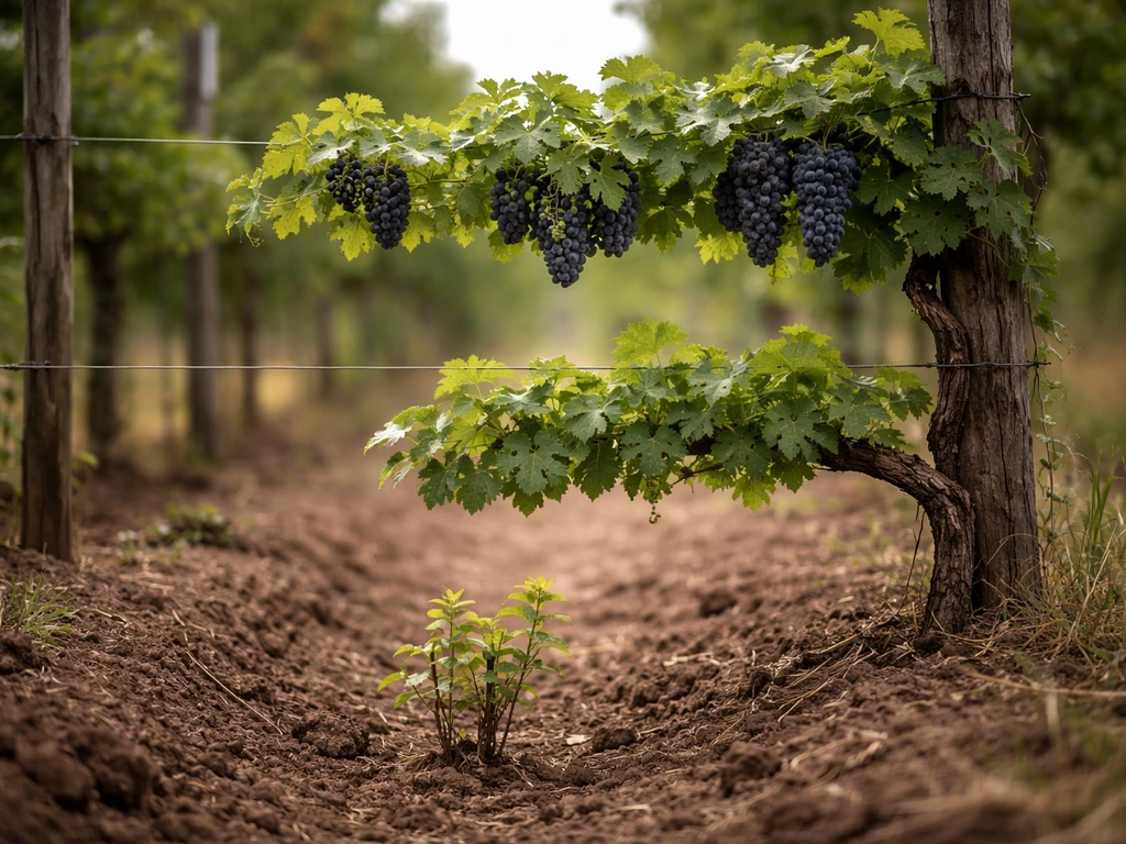 Concord grapevine in a vineyard with a simple ground-level view of the season progression
