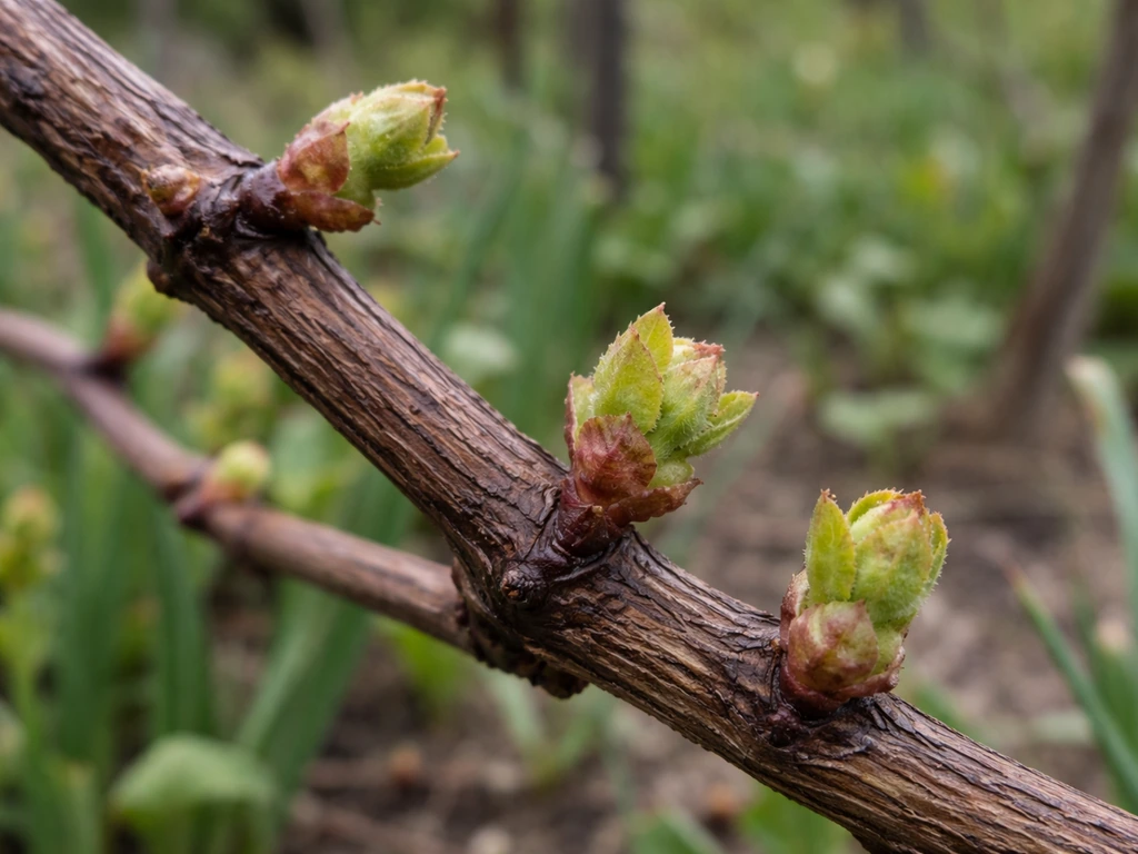 Close-up of spring budbreak on a Concord grapevine with swollen buds and fresh green shoots