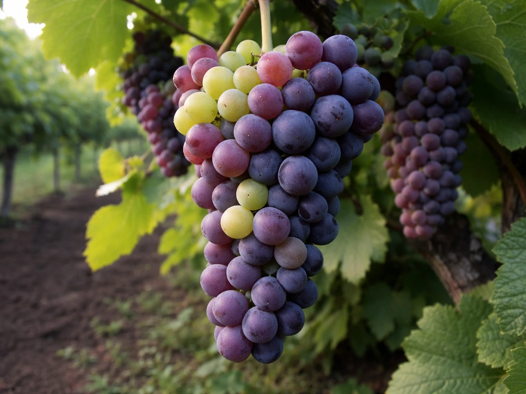 Concord grape clusters ripening on the vine, shifting from green to deep purple near harvest.