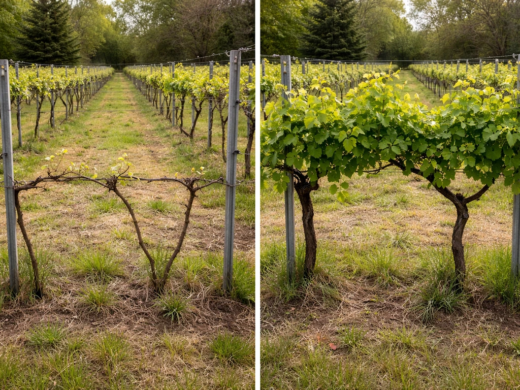 Two neighboring Concord grape vines on vineyard rows, showing young vs mature growth in early spring.