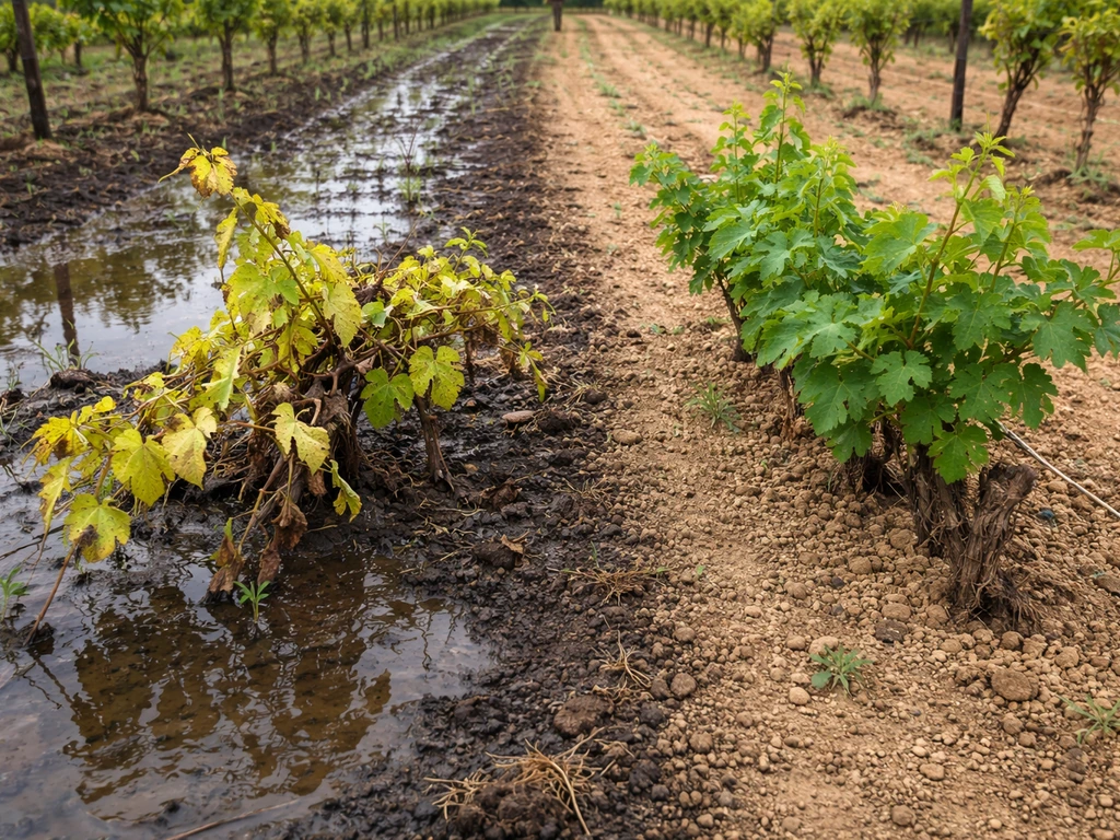 Grapevine split-scene showing waterlogged stunted shoots versus healthier growth after improved drainage.