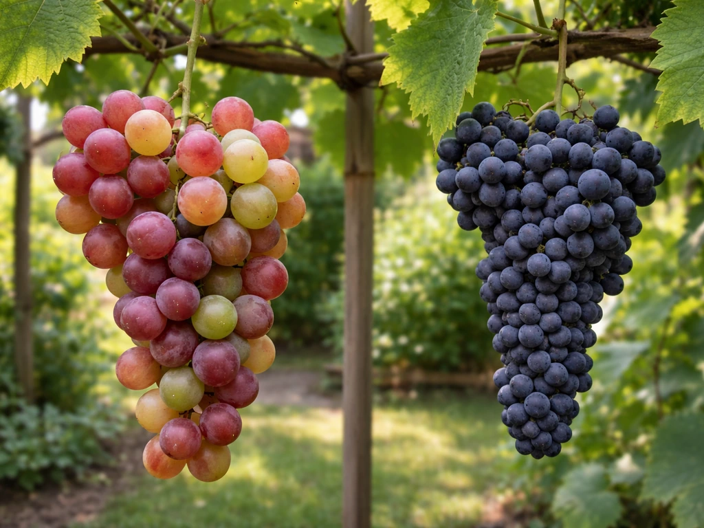 Comparison of table grapes and wine grapes on the vine: large loose clusters vs smaller tight wine clusters.