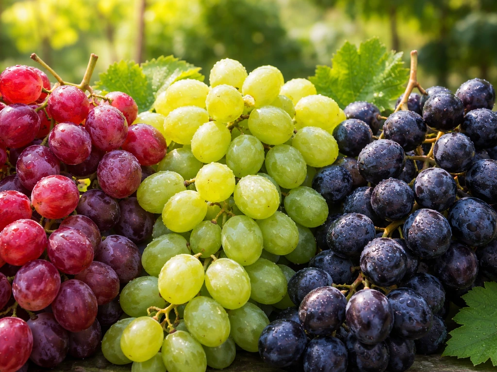 Close-up of mixed table grape varieties—red and green clusters—fresh and vivid on a simple vine backdrop.