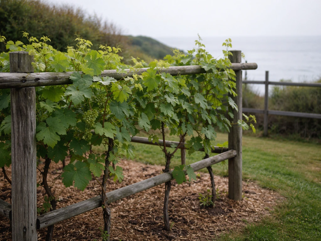 Trellised grapevines in an airy coastal yard under June-gloom haze, emphasizing open canopy for airflow.
