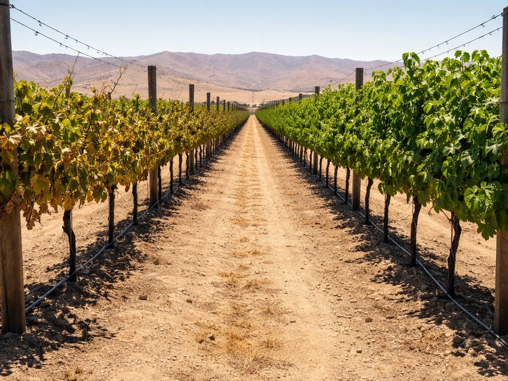 Sun-stressed grapevines in a Temecula-style vineyard with trellis rows and drip irrigation under harsh inland sun.