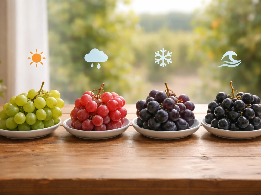 Table grape bunches with small zone icons on a minimal board showing hot-dry, humid, cold, and coastal regions