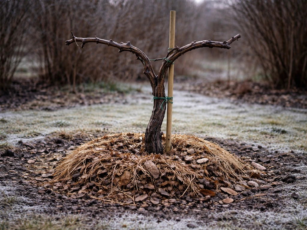 Dormant grapevine with mulch at its base in a cold Upper Midwest garden bed
