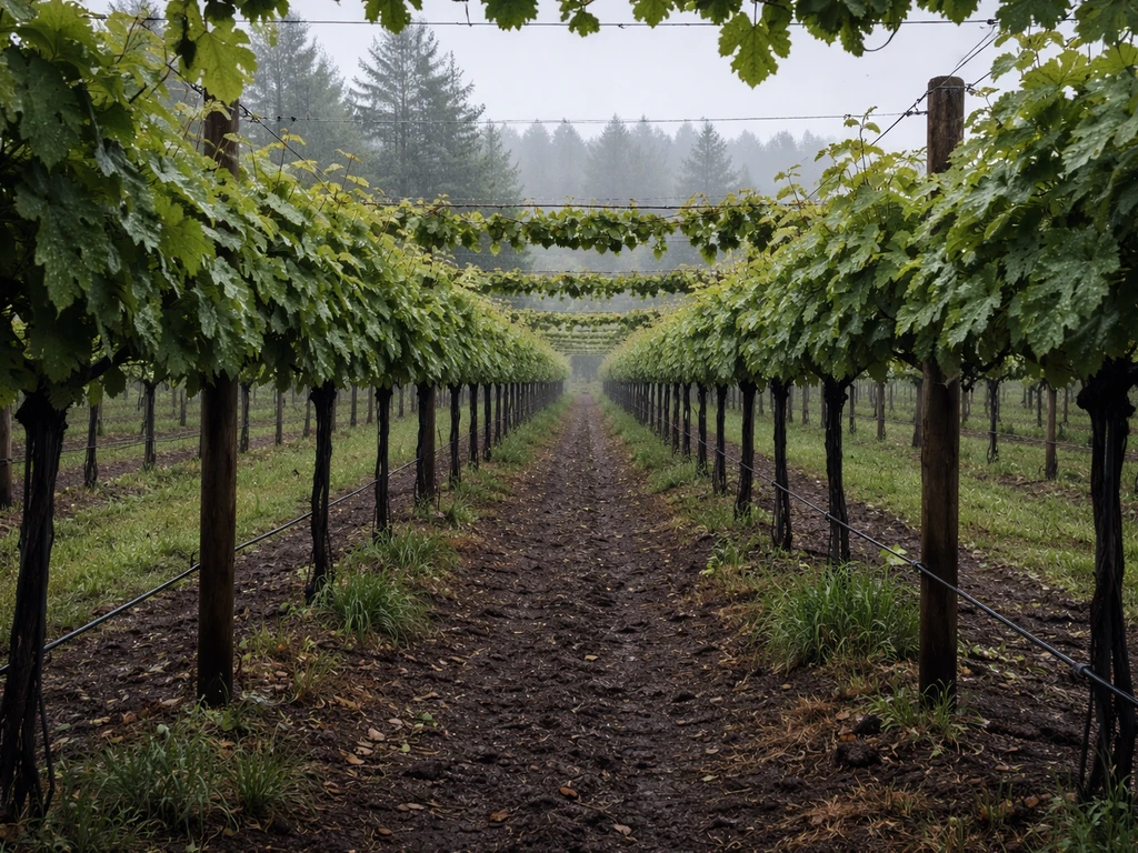 Overcast, rainy vineyard row with trellis canopy and wet leaves showing careful canopy management.