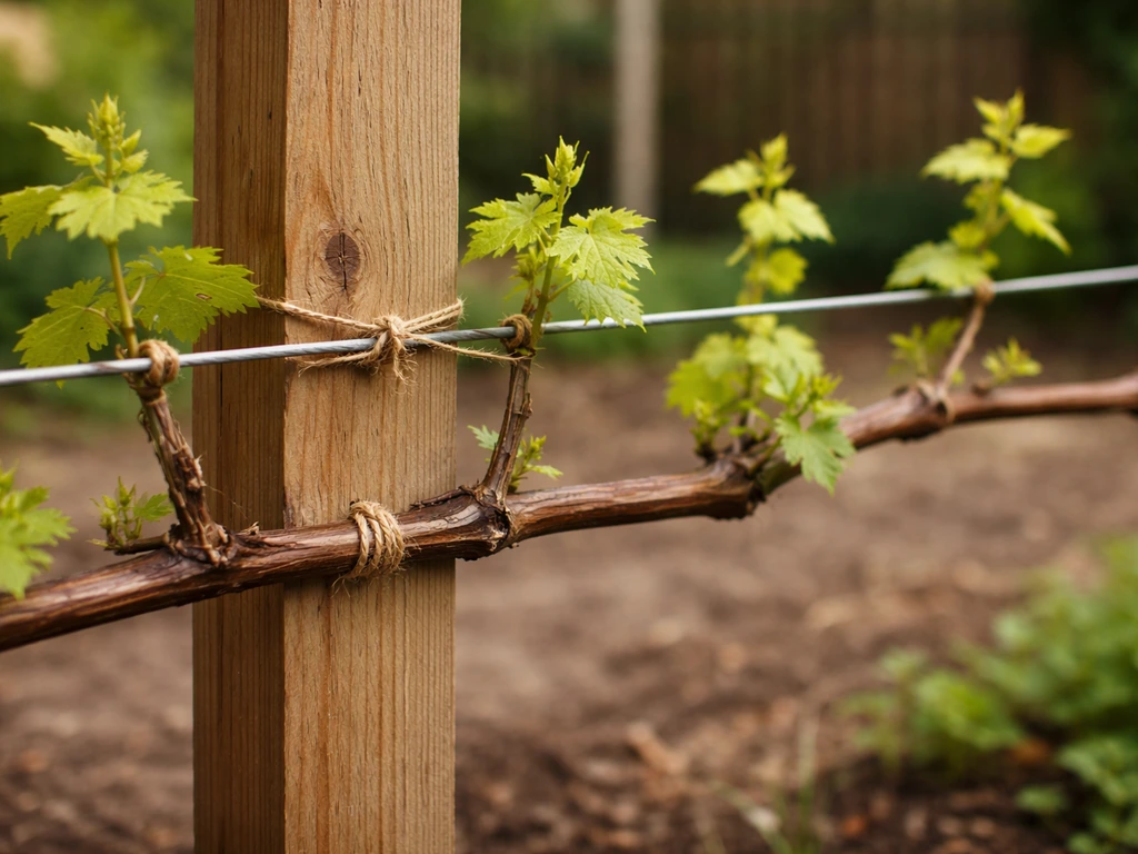 Close-up of grape canes trained on a simple two-wire trellis in a home garden