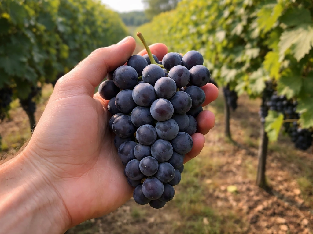 Hand holding a ripe grape cluster on the vine, showing mature color and firm berry texture.
