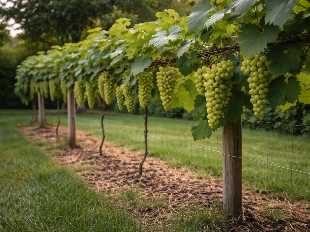 Lush green grape vines on a backyard trellis with grape clusters in natural Ohio sunlight.