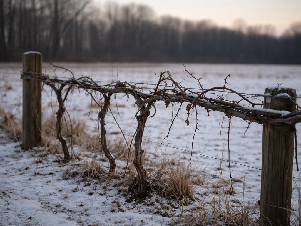 Snow-dusted dormant grape canes on a low trellis against a cold rural Ohio winter background.