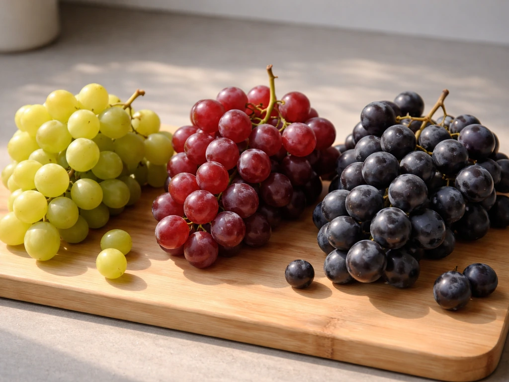 Assorted grape clusters—green, red, and purple—resting on a wooden table for a variety guide.