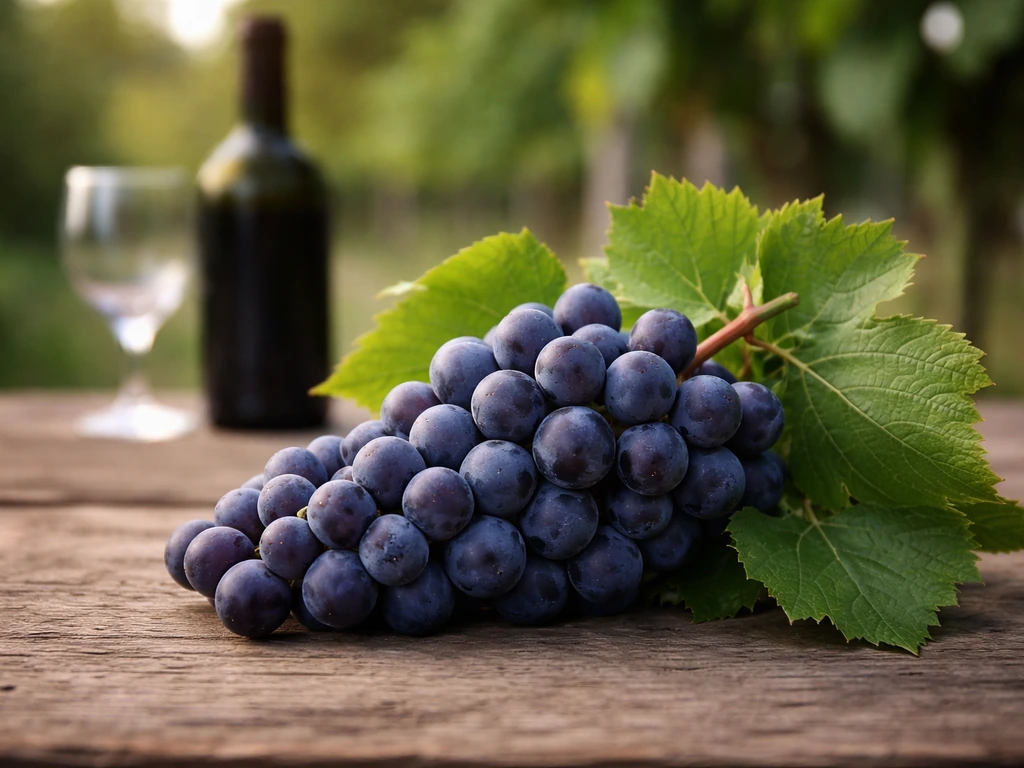 Deep purple wine grape bunch with leaves on wood, with a small bottle and glass nearby.
