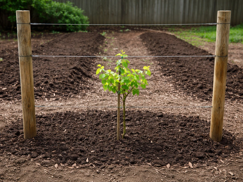 Newly planted grapevine training system with two wires and posts in a backyard garden bed
