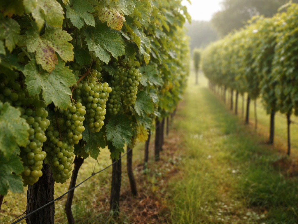 Grape leaves in a humid summer vineyard show subtle mildew risk under warm sunlight.